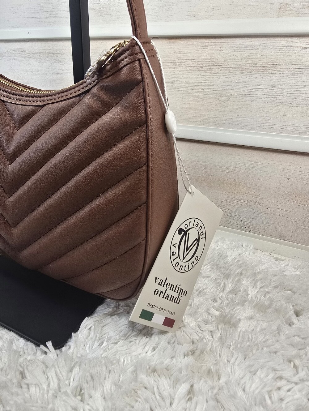 Valentino Orlandi Brown Quilted Shoulder Bag with Gold Logo - Picture 9 of 16